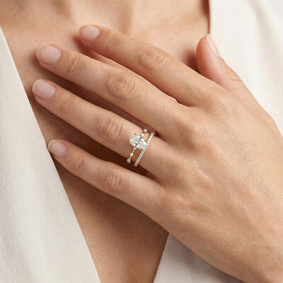 3.5CT Oval Cut VVS Moissanite S925 Silver Halo Eternity Bridal Engagement Ring Set