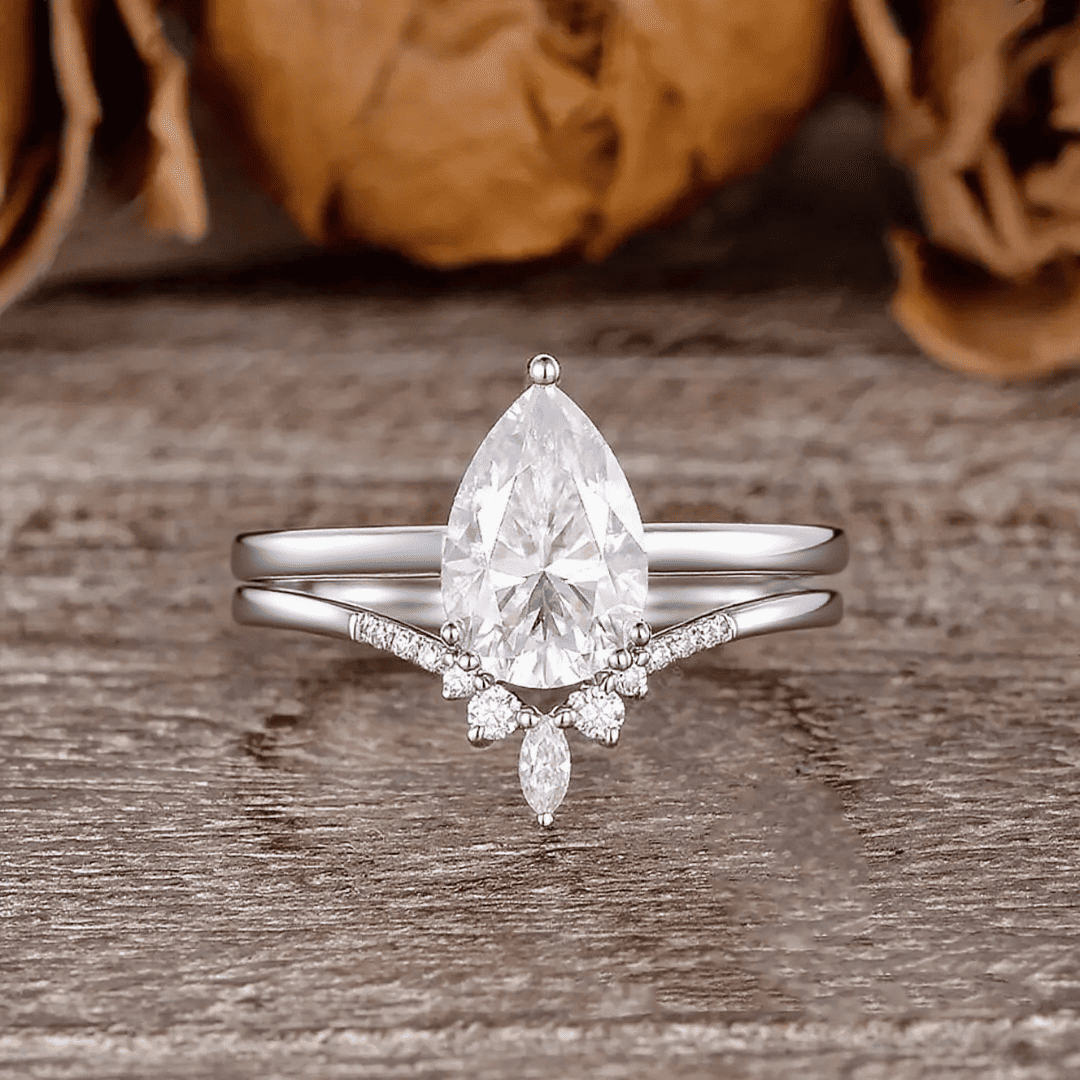 2.27CT Pear & Round Cut VVS Moissanite S925 Silver Engagement Ring Sets