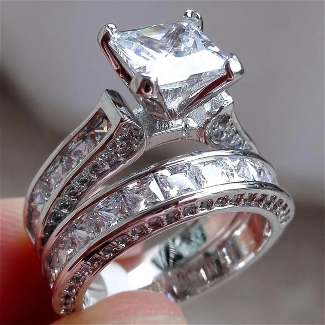 5.1CT Princess & Round Cut VVS Moissanite S925 Silver Engagement Ring Set