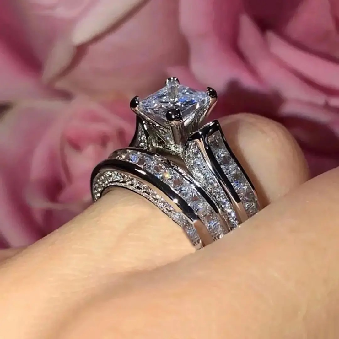 5.1CT Princess & Round Cut VVS Moissanite S925 Silver Engagement Ring Set