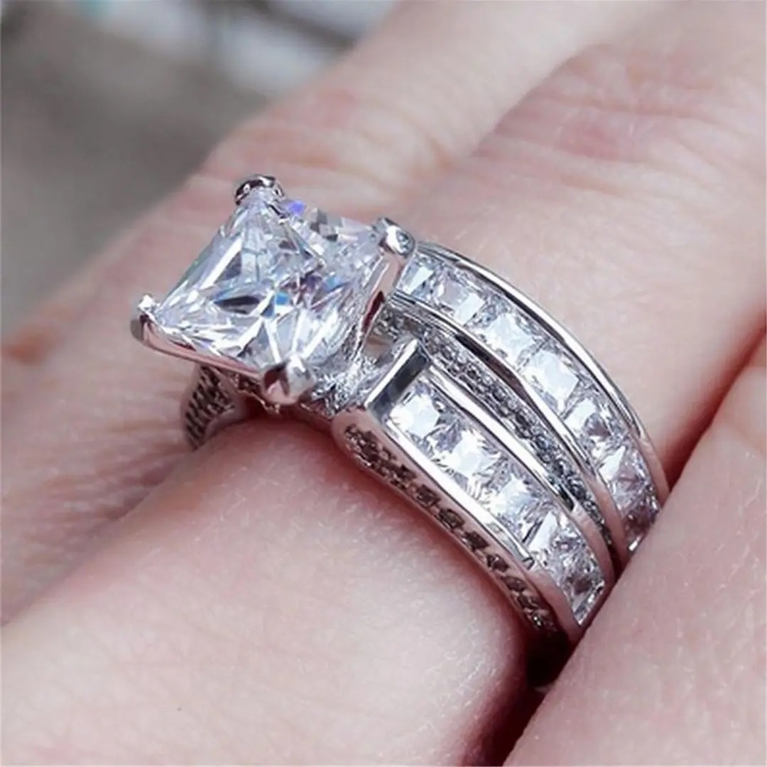 5.1CT Princess & Round Cut VVS Moissanite S925 Silver Engagement Ring Set