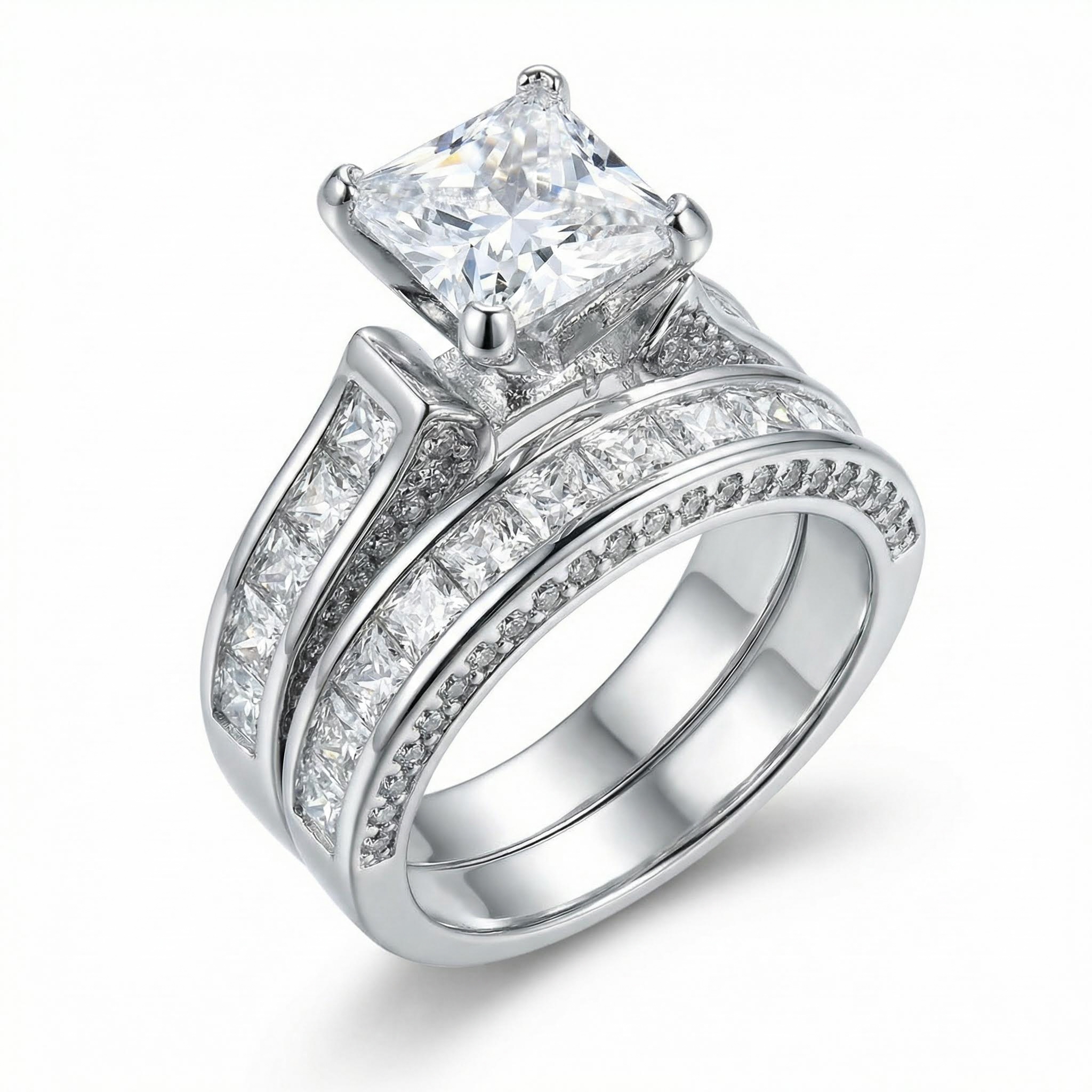 5.1CT Princess & Round Cut VVS Moissanite S925 Silver Engagement Ring Set