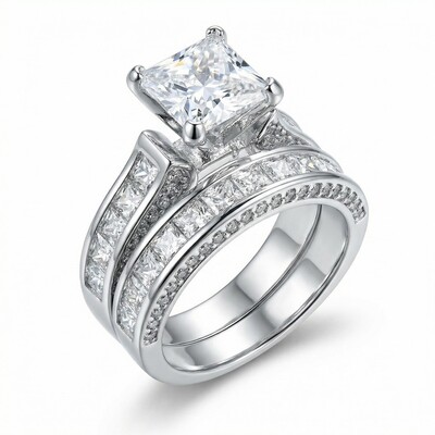 5.1CT Princess & Round Cut VVS Moissanite S925 Silver Engagement Ring Set