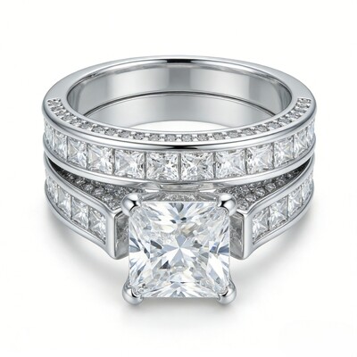5.1CT Princess & Round Cut VVS Moissanite S925 Silver Engagement Ring Set