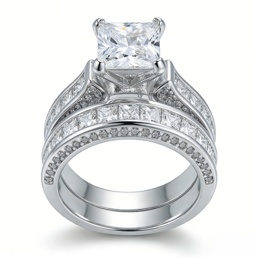 5.1CT Princess & Round Cut VVS Moissanite S925 Silver Engagement Ring Set