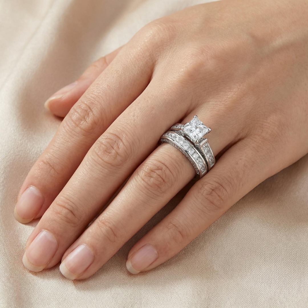 5.1CT Princess & Round Cut VVS Moissanite S925 Silver Engagement Ring Set