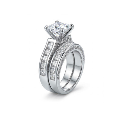 5.1ct TCW Princess & Round Cut VVS Moissanite S925 Silver Engagement Ring Set