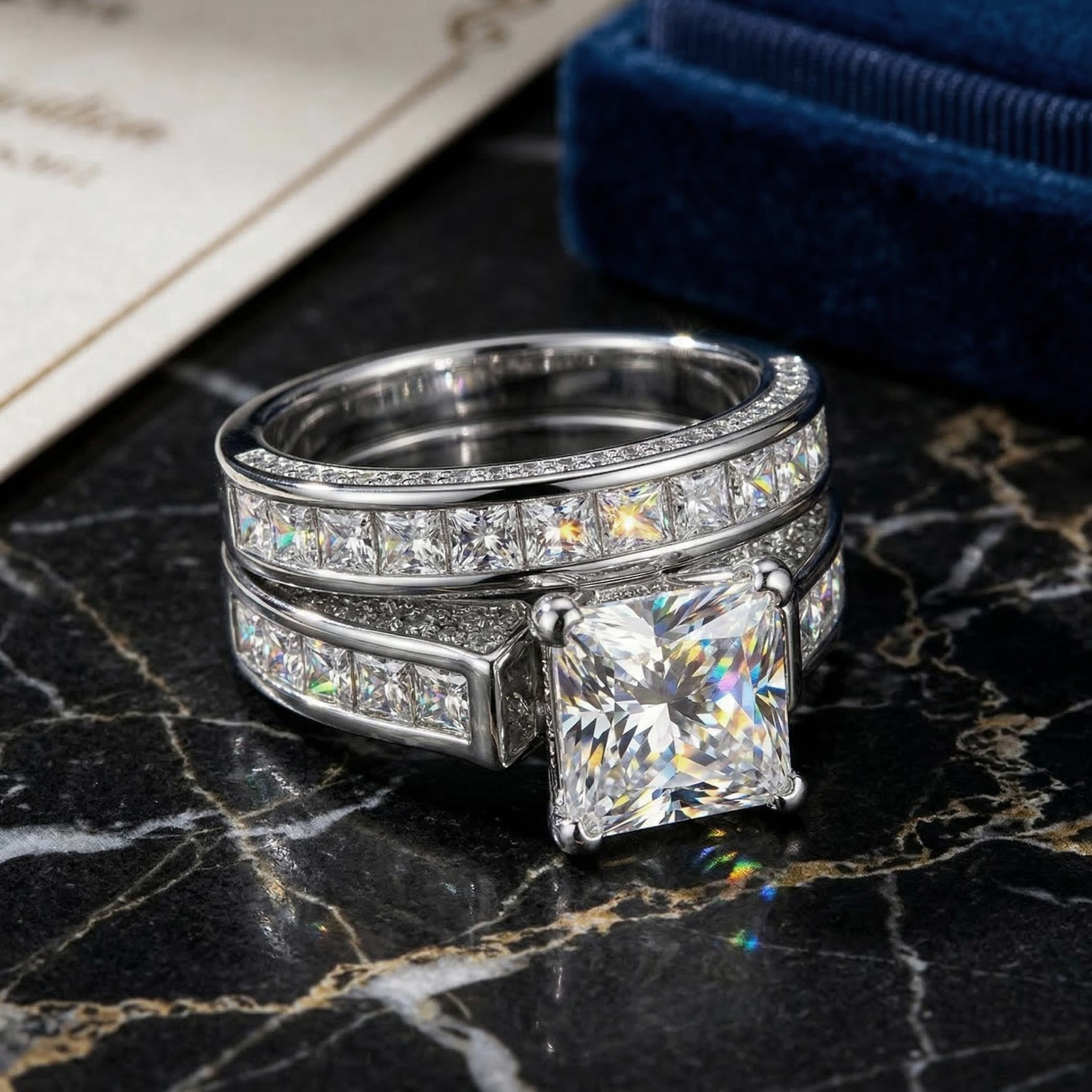 5.1ct TCW Princess & Round Cut VVS Moissanite S925 Silver Engagement Ring Set