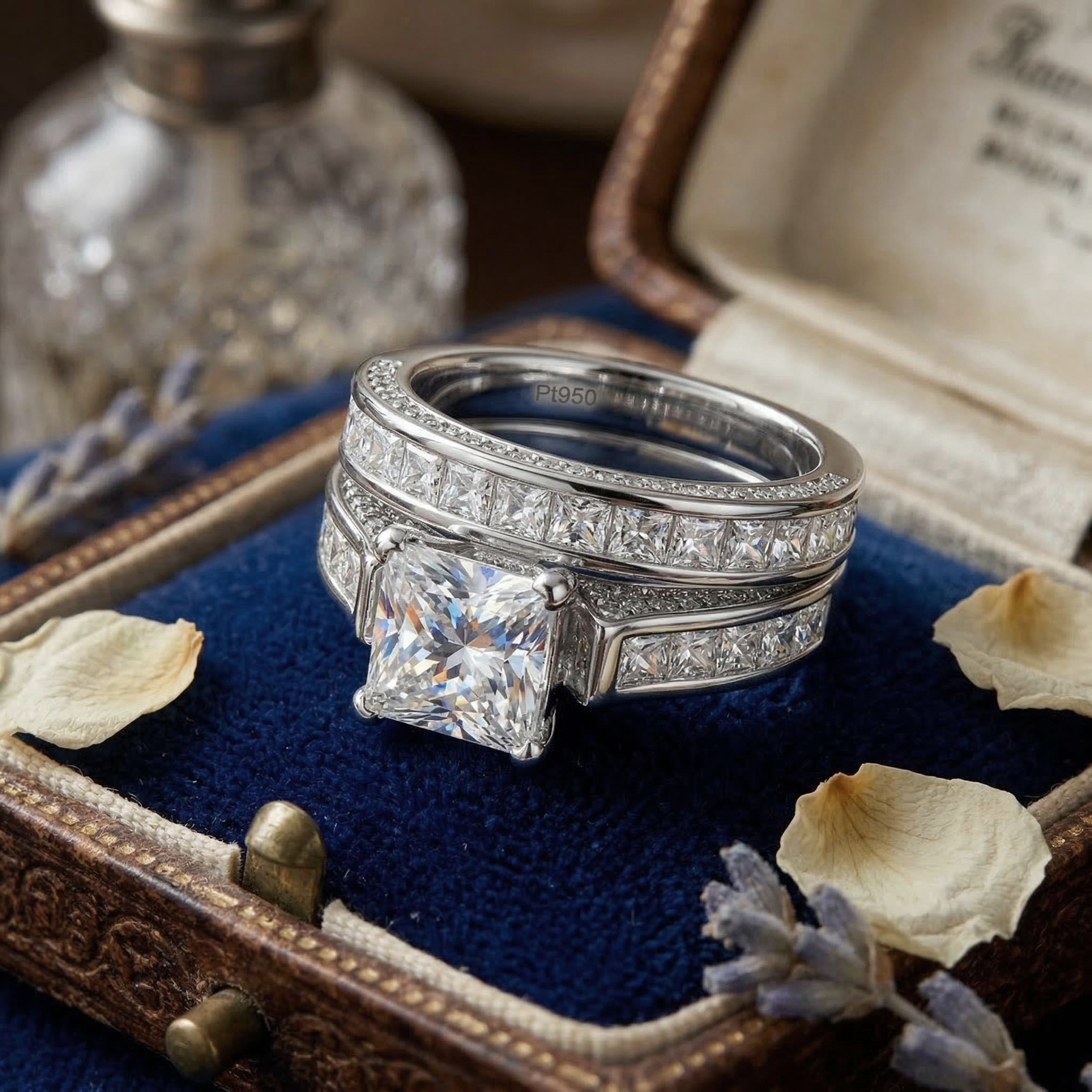 5.1ct TCW Princess & Round Cut VVS Moissanite S925 Silver Engagement Ring Set