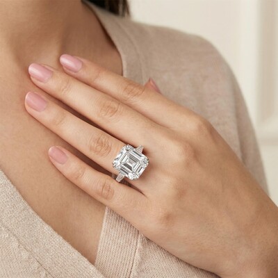 5.34CT Emerald & Baguette Cut VVS Moissanite S925 Silver Engagement Ring