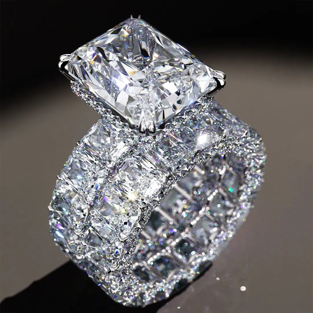 23.85CT Radiant Cut VVS Moissanite S925 Silver Engagement Ring Set