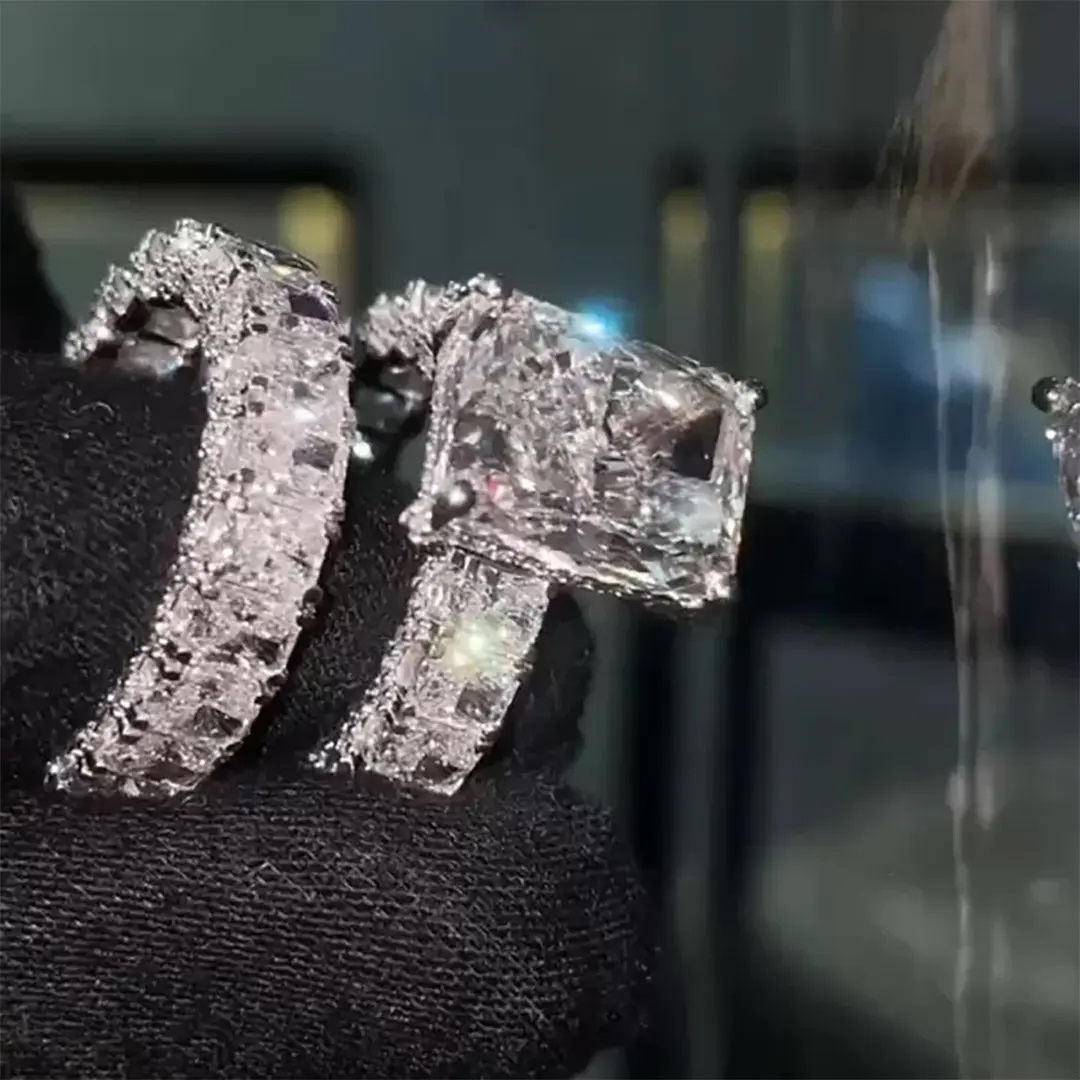 23.85CT Radiant Cut VVS Moissanite S925 Silver Engagement Ring Set