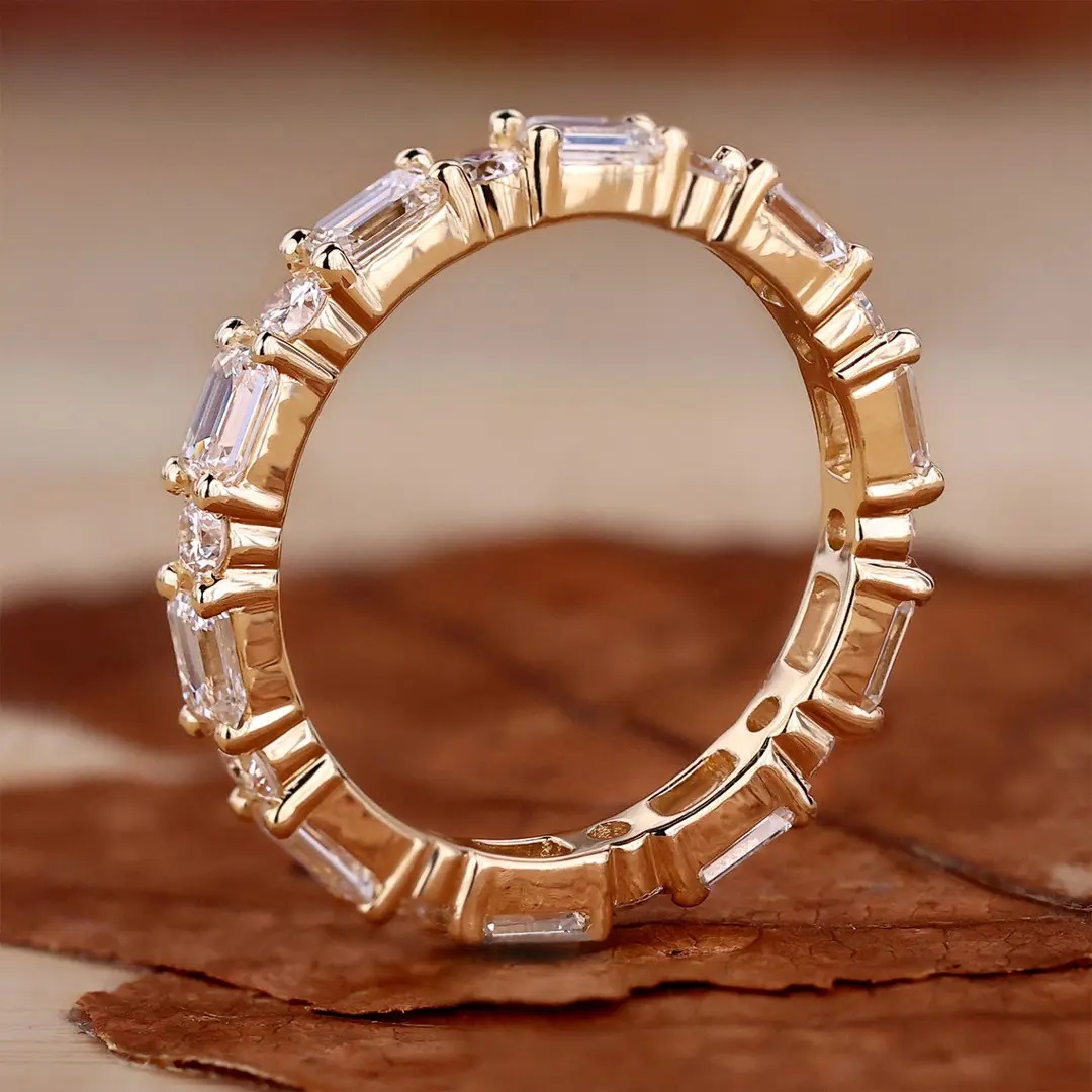 1.2CT Emerald & Round Cut VVS Moissanite S925 Silver Wedding Band