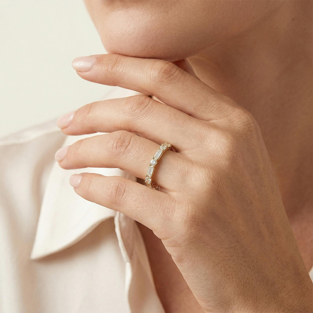 1.2CT Emerald & Round Cut VVS Moissanite S925 Silver Wedding Band