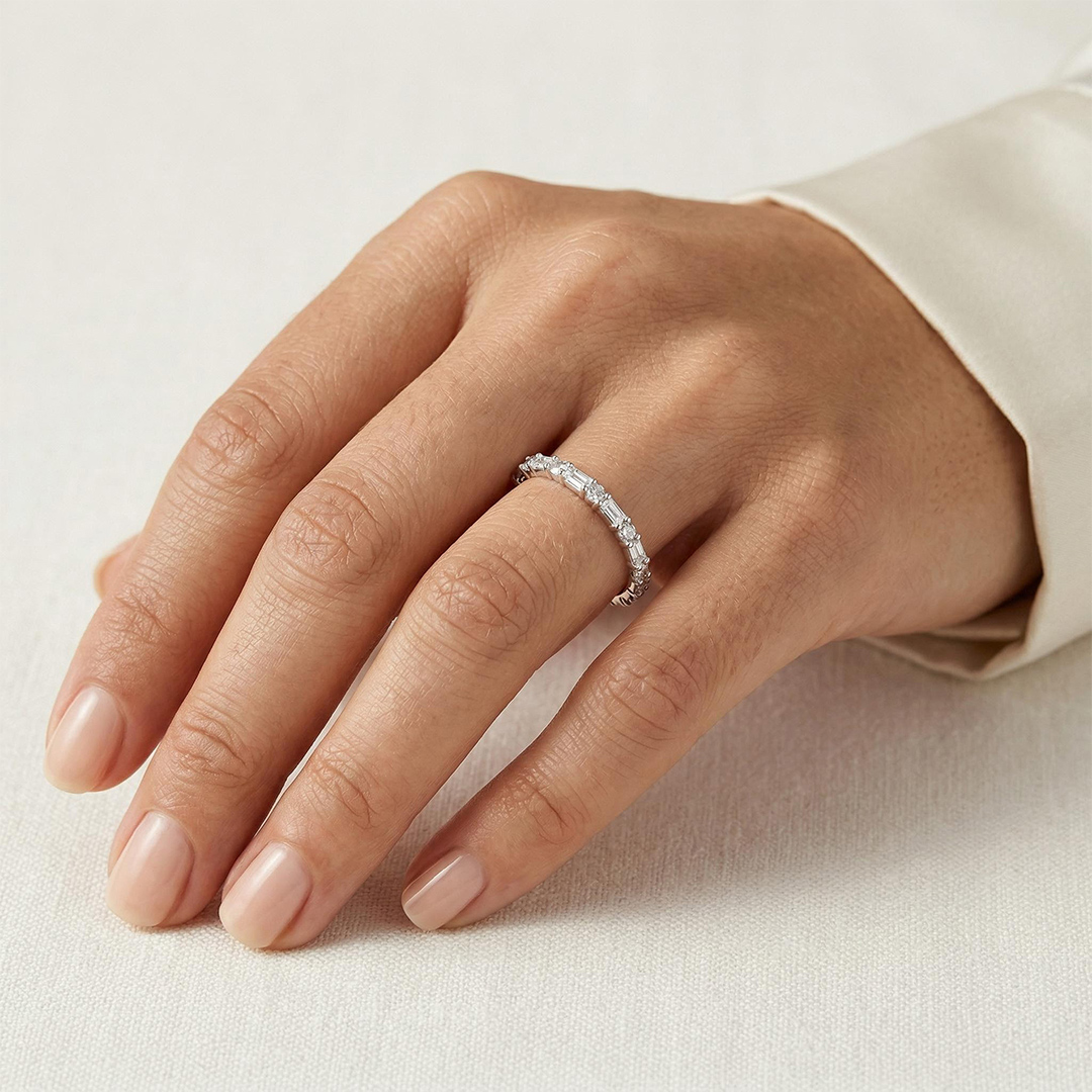 1.2CT Emerald & Round Cut VVS Moissanite S925 Silver Wedding Band