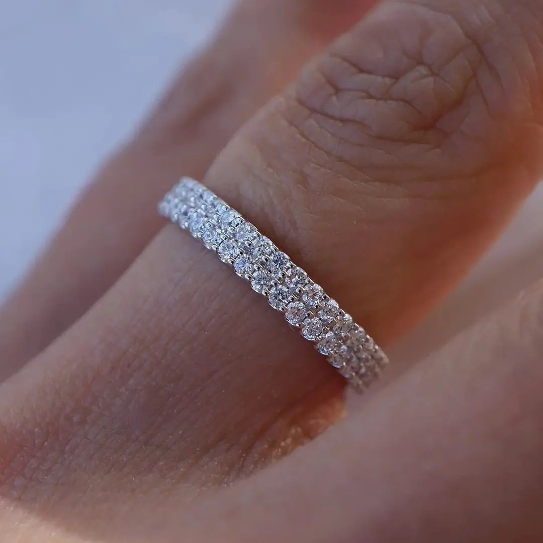 Double Row 0.67CT Round Cut VVS Moissanite S925 Silver Wedding Band