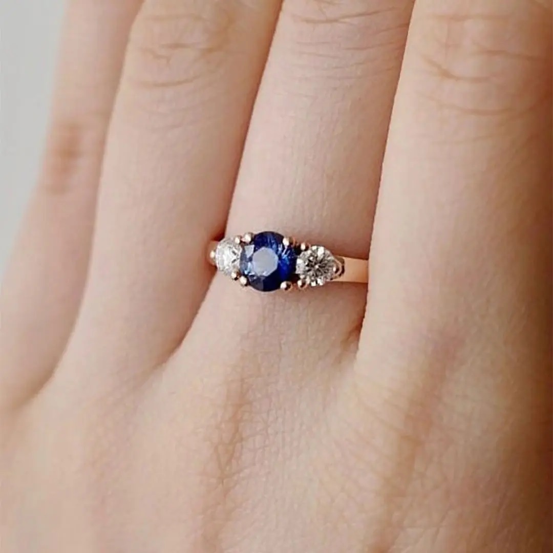 2CT Round Cut Blue & White Diamond Engagement Ring