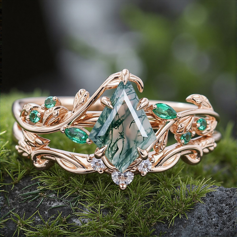 1.44CT Kite Moss Agate & Round Cut Moissanite Nature Inspired Leaf  S925 Silver Engagement Ring Set