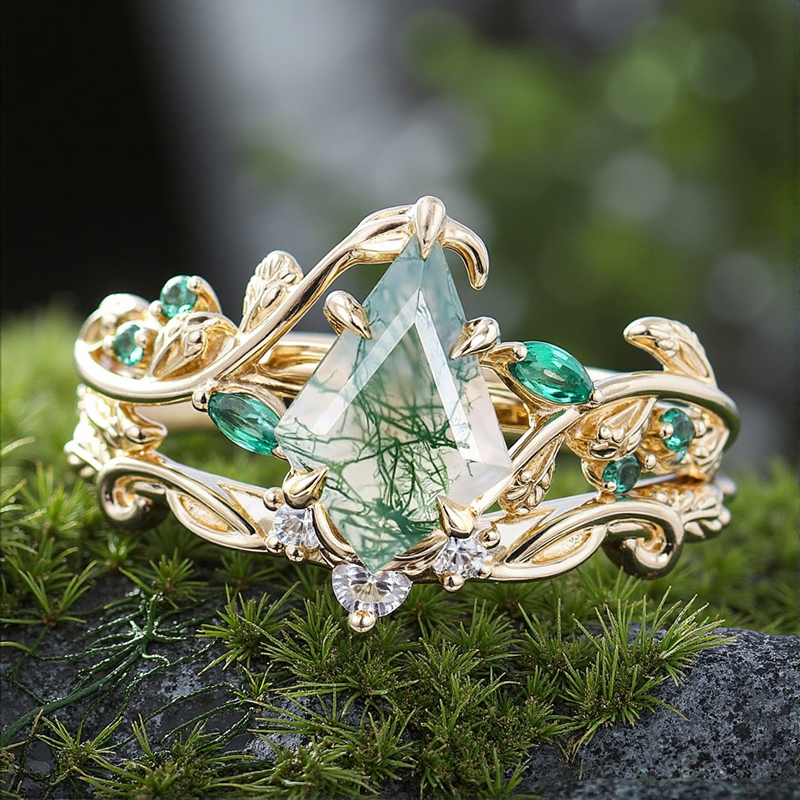 1.44CT Kite Moss Agate & Round Cut Moissanite Nature Inspired Leaf  S925 Silver Engagement Ring Set