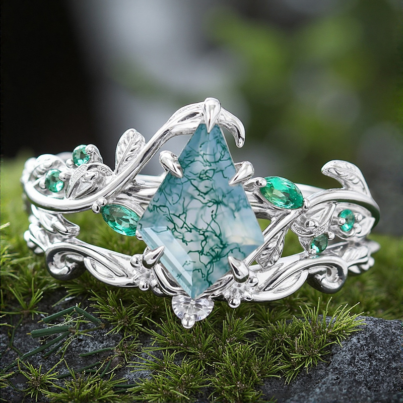 1.44CT Kite Moss Agate & Round Cut Moissanite Nature Inspired Leaf  S925 Silver Engagement Ring Set