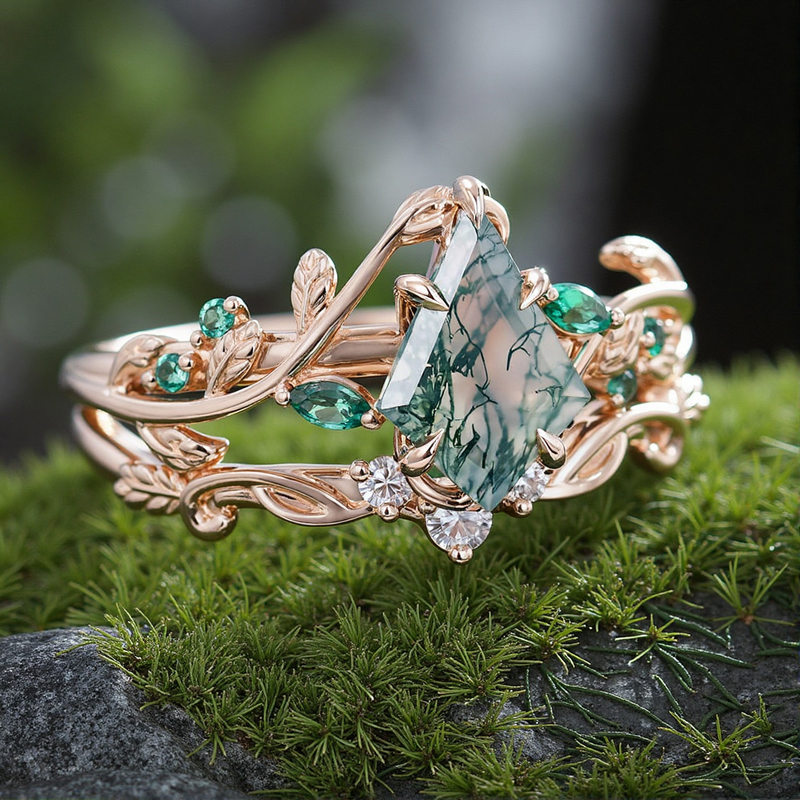 1.44CT Kite Moss Agate & Round Cut Moissanite Nature Inspired Leaf  S925 Silver Engagement Ring Set