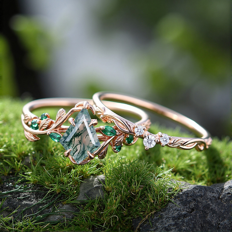 1.44CT Kite Moss Agate & Round Cut Moissanite Nature Inspired Leaf  S925 Silver Engagement Ring Set