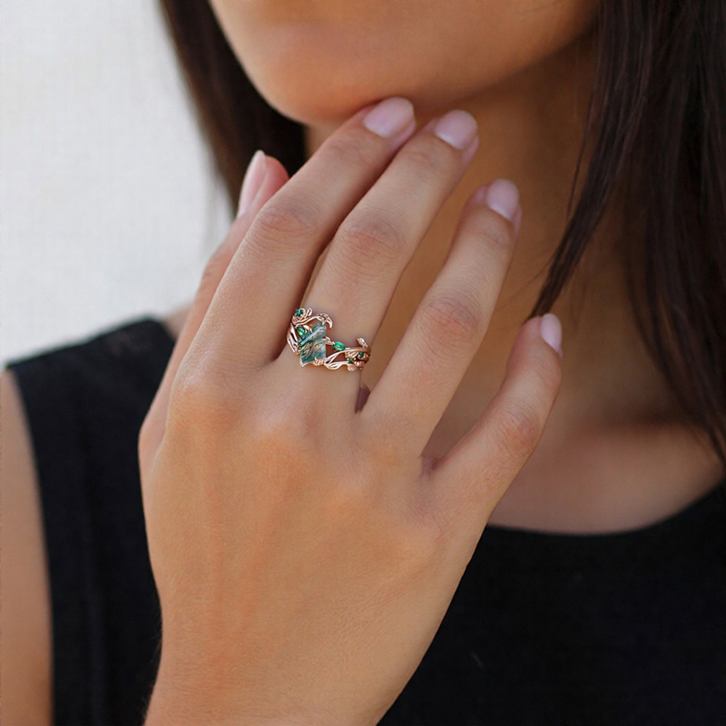 1.44CT Kite Moss Agate & Round Cut Moissanite Nature Inspired Leaf  S925 Silver Engagement Ring Set