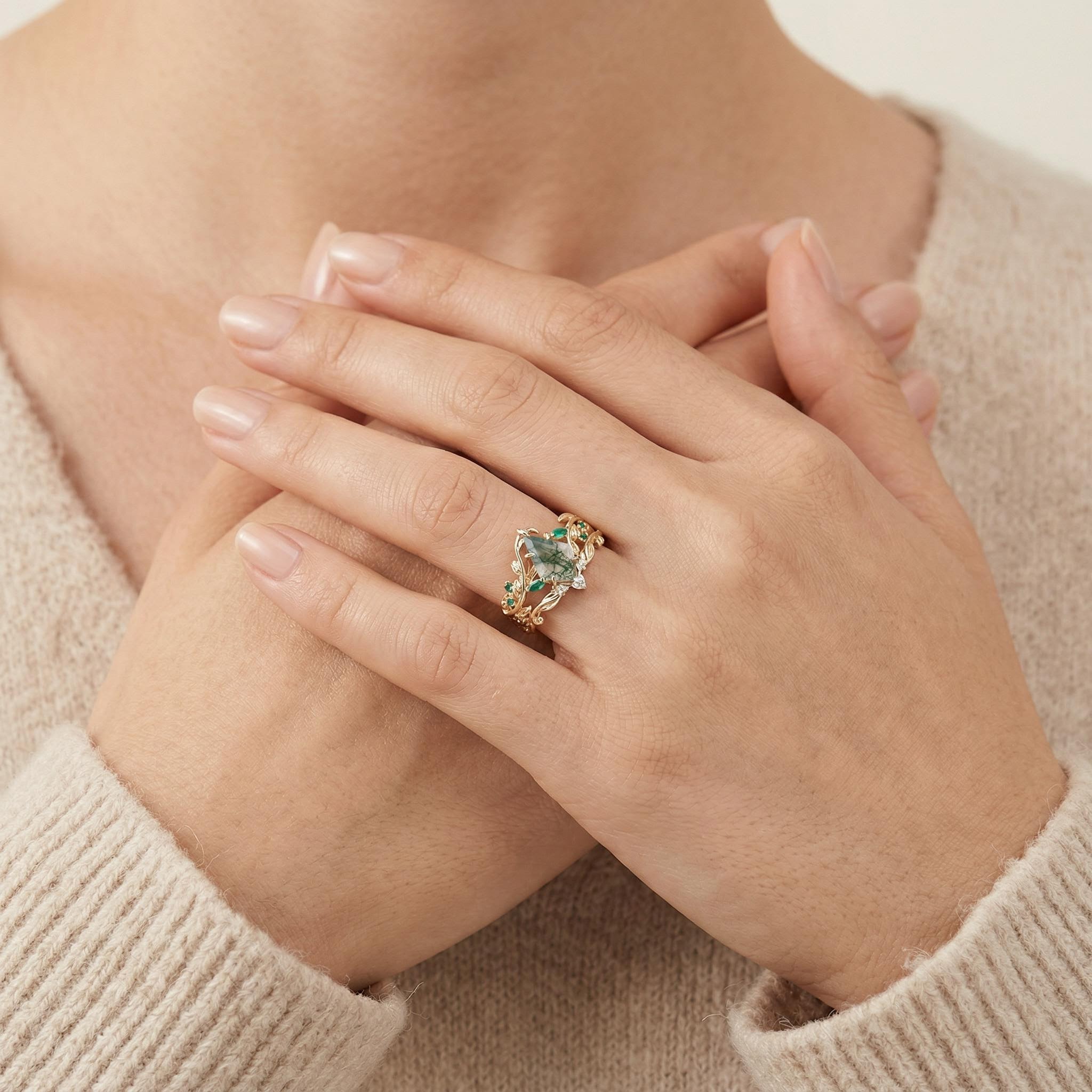 1.44CT Kite Moss Agate & Round Cut Moissanite Nature Inspired Leaf  S925 Silver Engagement Ring Set