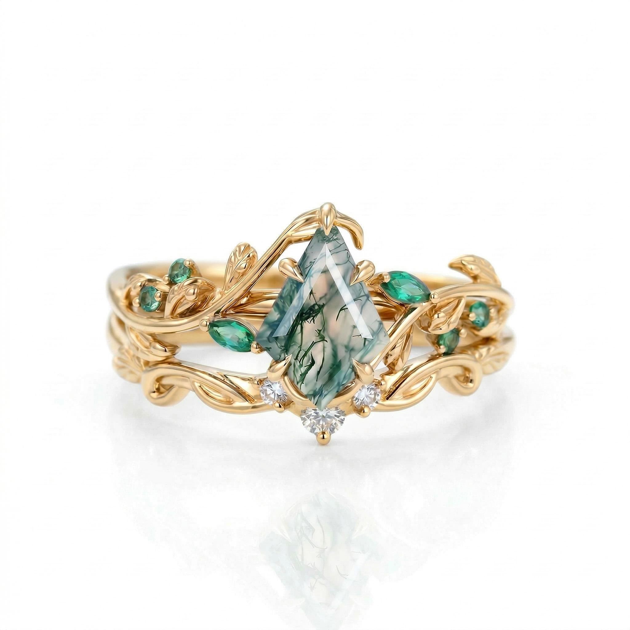 1.44CT Kite Moss Agate & Round Cut Moissanite Nature Inspired Leaf  S925 Silver Engagement Ring Set