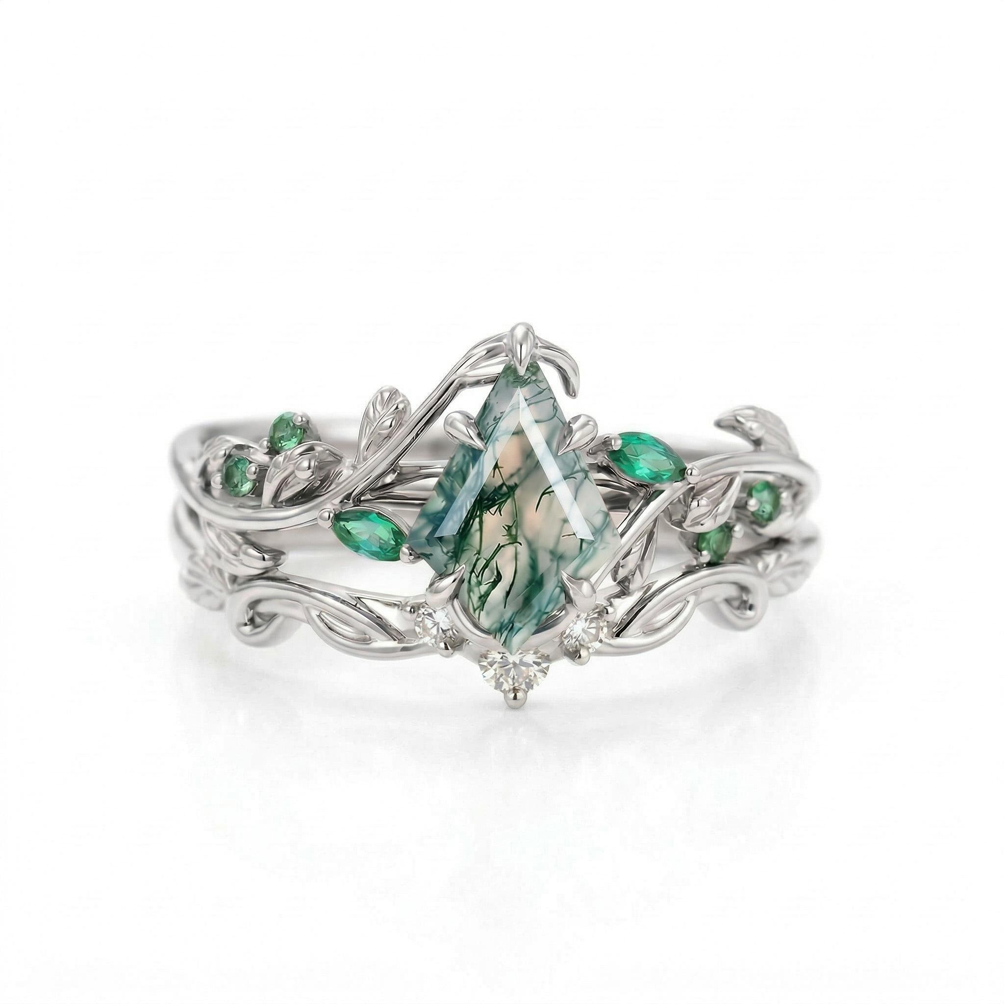 1.44CT Kite Moss Agate & Round Cut Moissanite Nature Inspired Leaf  S925 Silver Engagement Ring Set