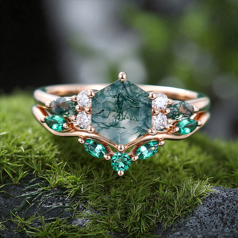 1.39CT Hexagon Cut Moss Agate Nature Inspired Engagement Ring Set