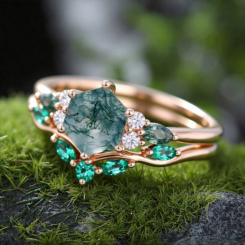 1.39CT Hexagon Cut Moss Agate Nature Inspired Engagement Ring Set
