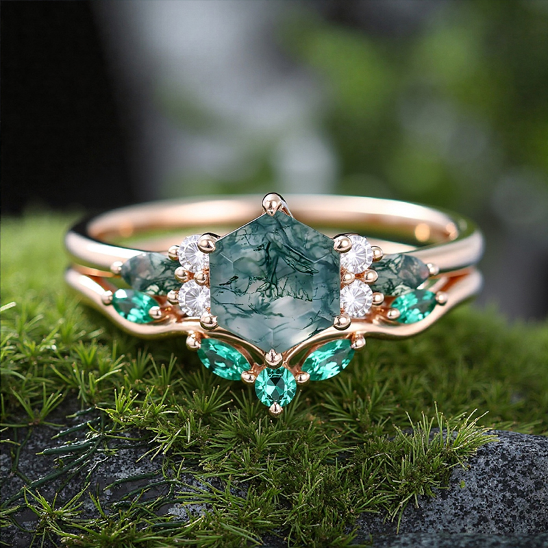 1.39CT Hexagon Cut Moss Agate Nature Inspired Engagement Ring Set