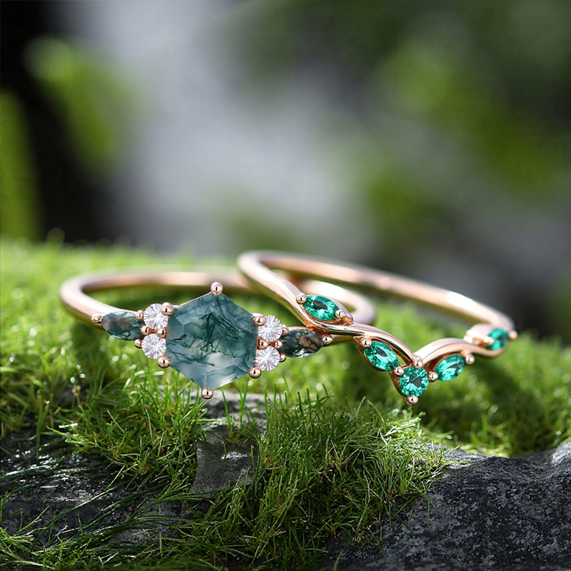 1.39CT Hexagon Cut Moss Agate Nature Inspired Engagement Ring Set