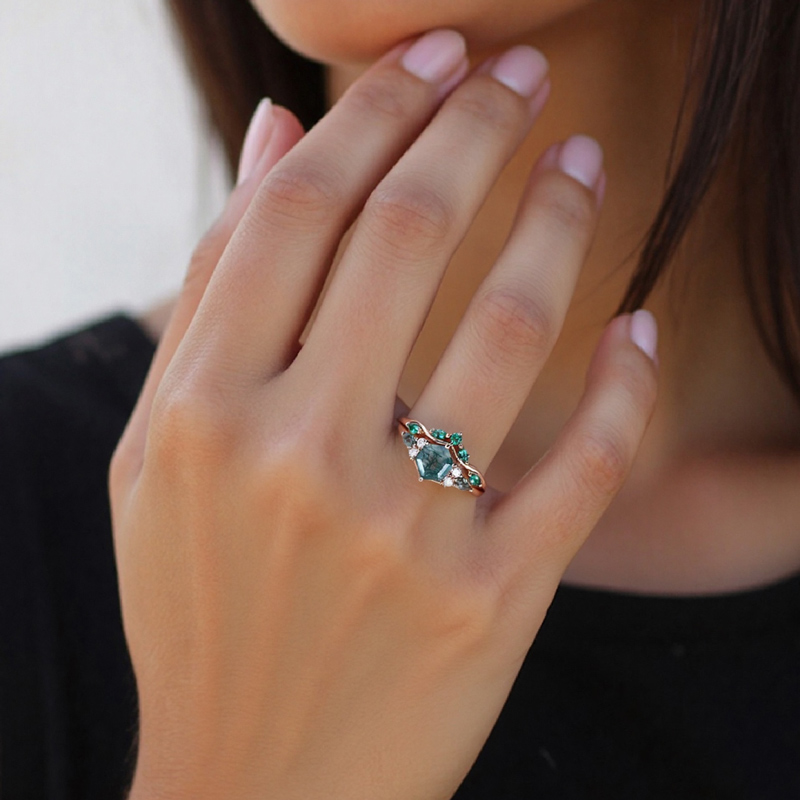 1.39CT Hexagon Cut Moss Agate Nature Inspired Engagement Ring Set