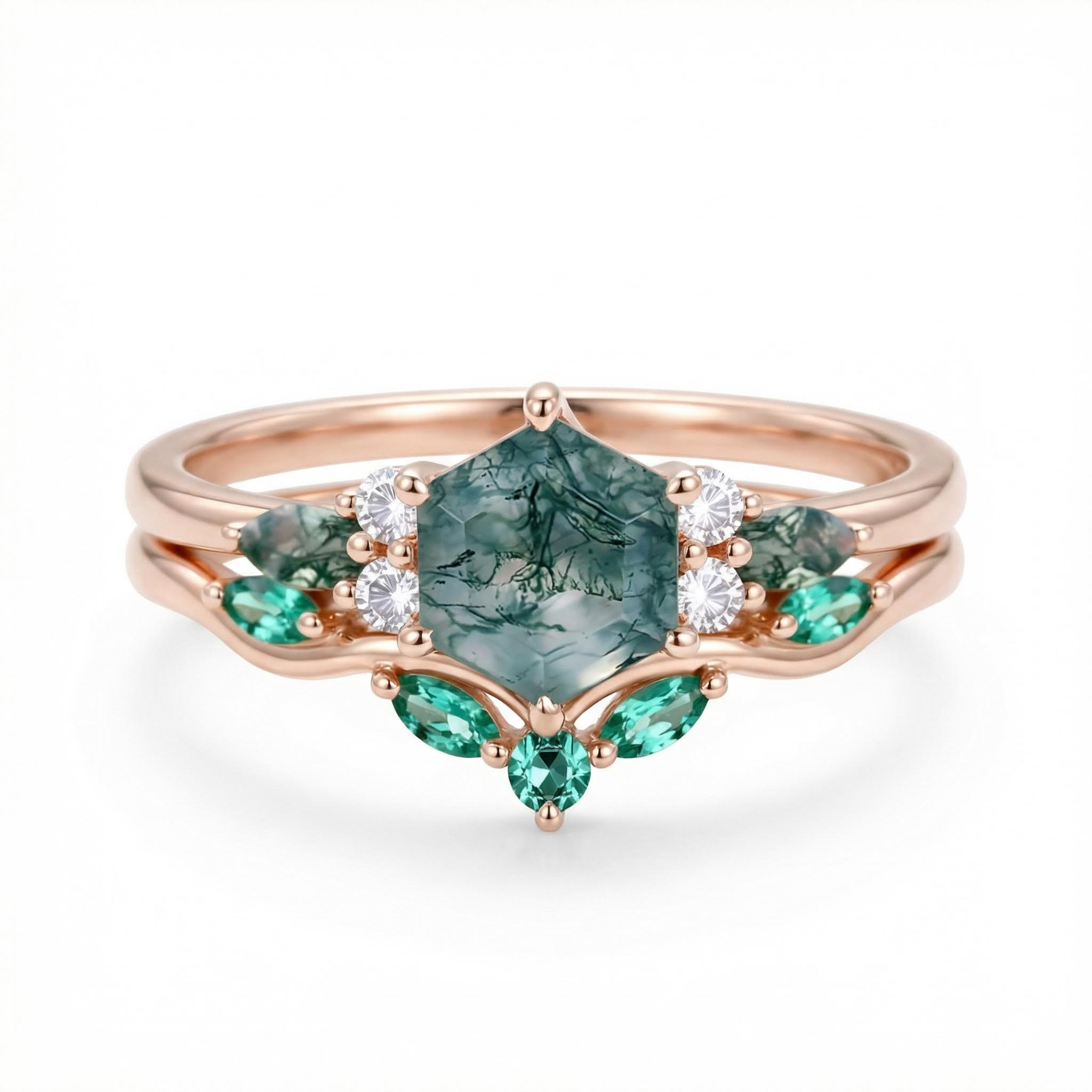 1.39CT Hexagon Cut Moss Agate Nature Inspired Engagement Ring Set