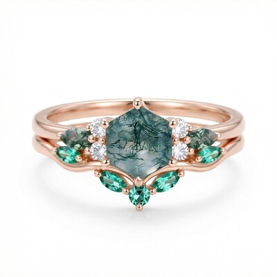 1.39CT Hexagon Cut Moss Agate Nature Inspired Engagement Ring Set