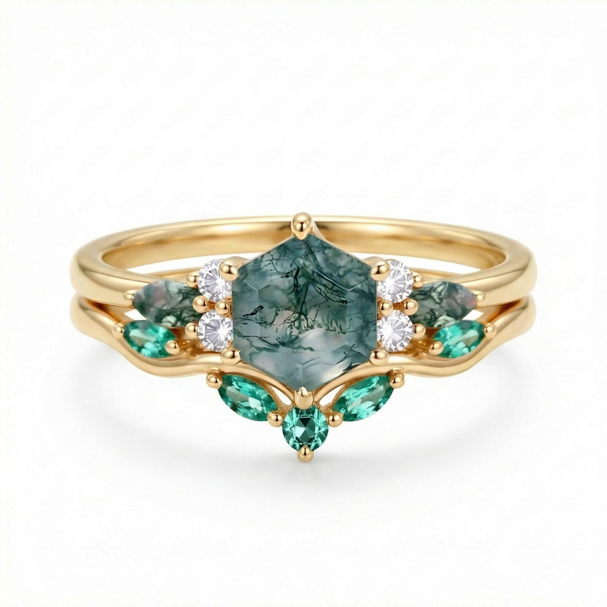 1.39CT Hexagon Cut Moss Agate Nature Inspired Engagement Ring Set