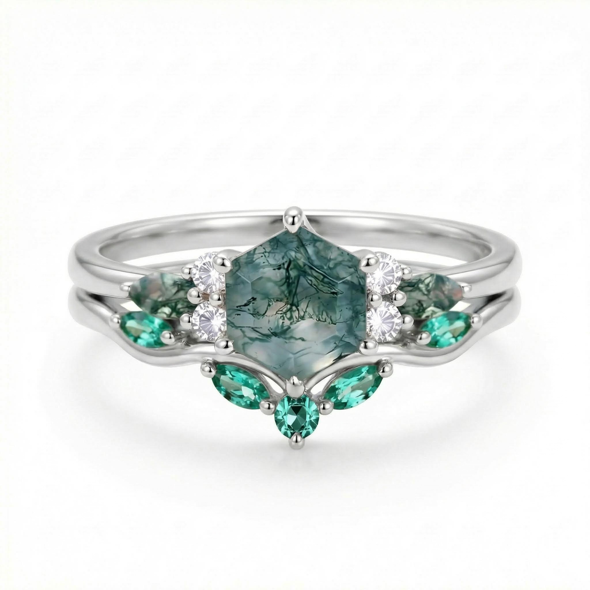 1.39CT Hexagon Cut Moss Agate Nature Inspired Engagement Ring Set