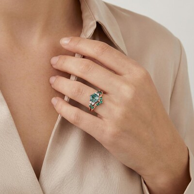 1.39CT Hexagon Cut Moss Agate Nature Inspired Engagement Ring Set
