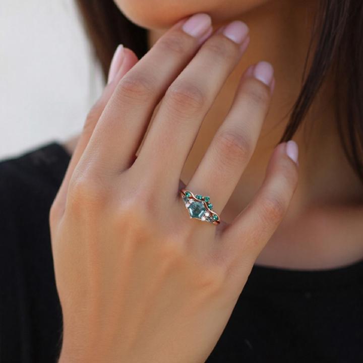 1.39CT Hexagon Cut Moss Agate Nature Inspired Engagement Ring Set