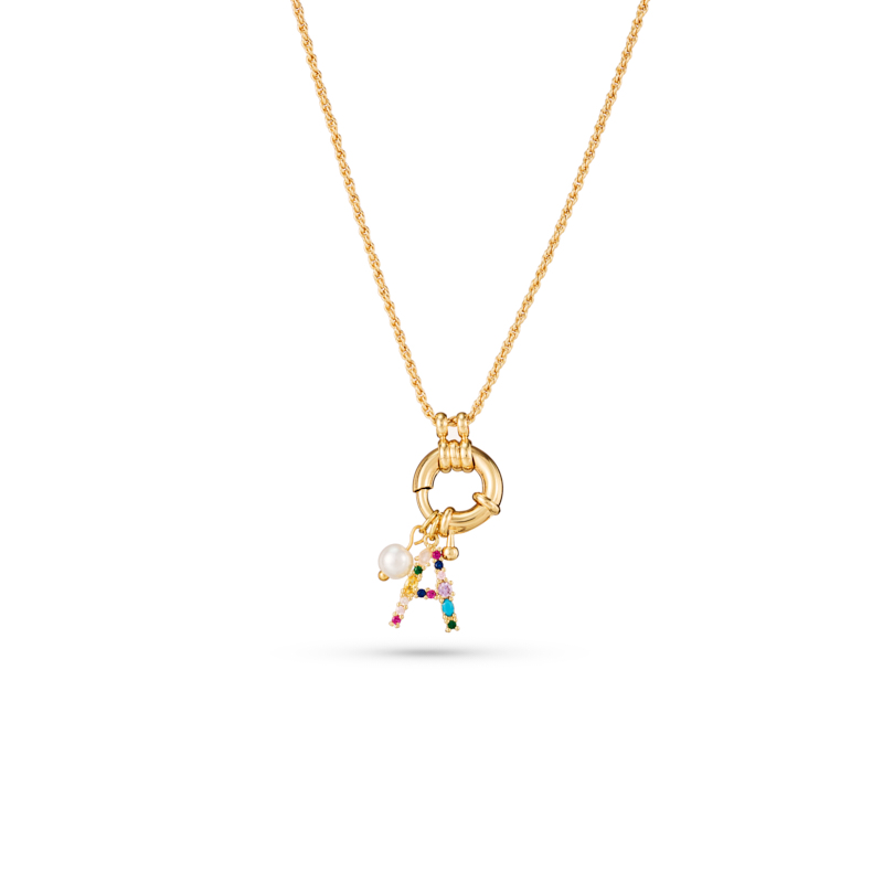Multicolored Letter Pendant Necklace with Pearl Charm Multicolored Letter Pendant Necklace with Pearl Charm
