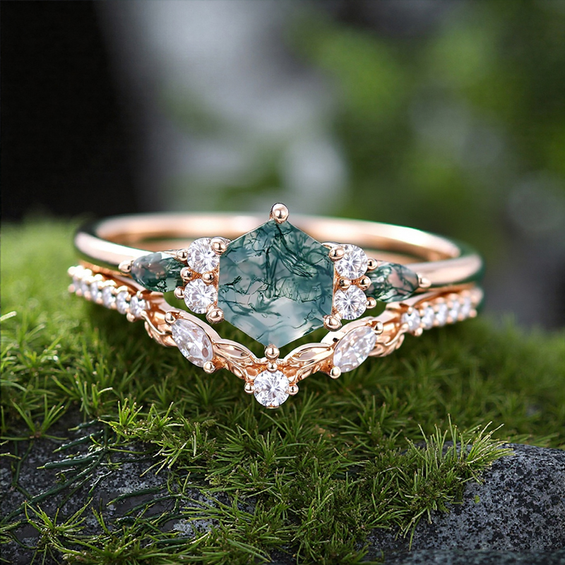 1.42CT Hexagon & Marquise Moss Agate With Leaf Accents S925 Silver Engagement Ring Set