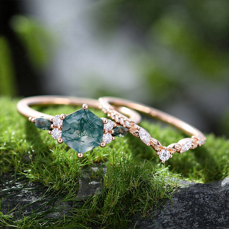 1.42CT Hexagon & Marquise Moss Agate With Leaf Accents S925 Silver Engagement Ring Set