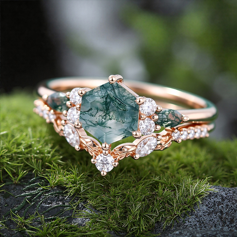 1.42CT Hexagon & Marquise Moss Agate With Leaf Accents S925 Silver Engagement Ring Set