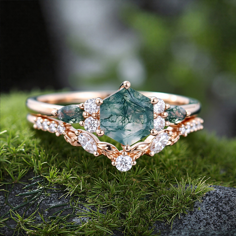 1.42CT Hexagon & Marquise Moss Agate With Leaf Accents S925 Silver Engagement Ring Set