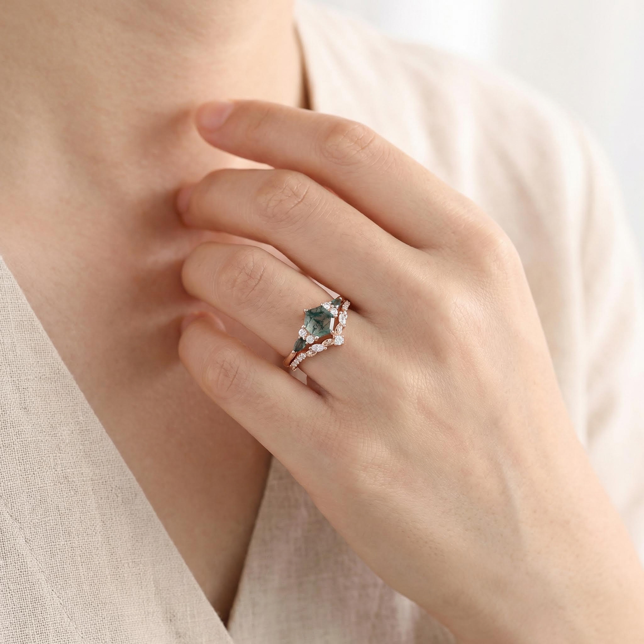 1.42CT Hexagon & Marquise Moss Agate With Leaf Accents S925 Silver Engagement Ring Set