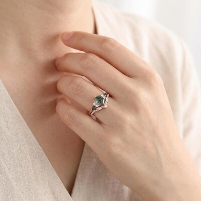 1.42CT Hexagon & Marquise Moss Agate With Leaf Accents S925 Silver Engagement Ring Set