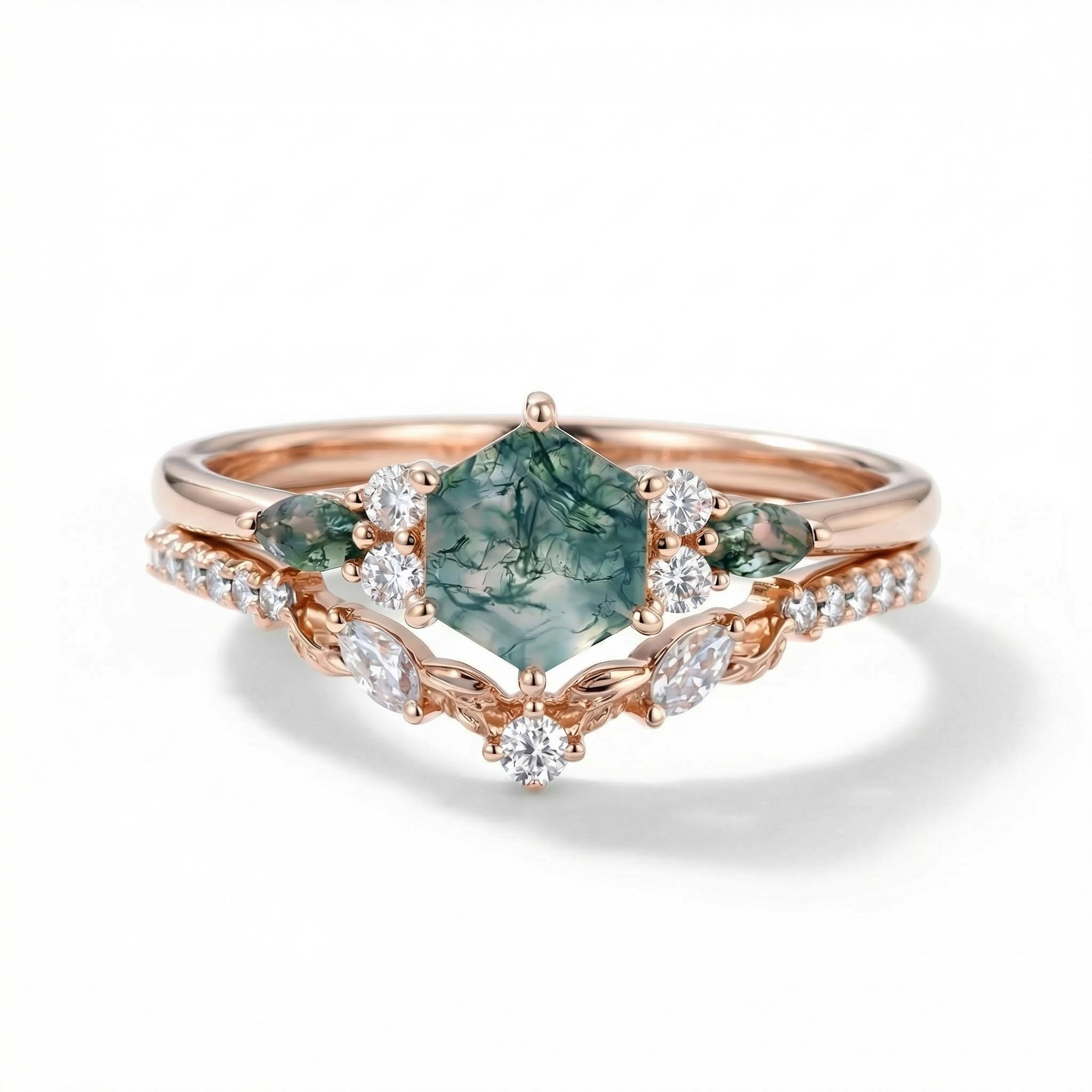 1.42CT Hexagon & Marquise Moss Agate With Leaf Accents S925 Silver Engagement Ring Set