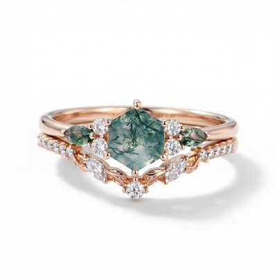1.42CT Hexagon & Marquise Moss Agate With Leaf Accents S925 Silver Engagement Ring Set 1.42CT Hexagon & Marquise Moss Agate With Leaf Accents S925 Silver Engagement Ring Set